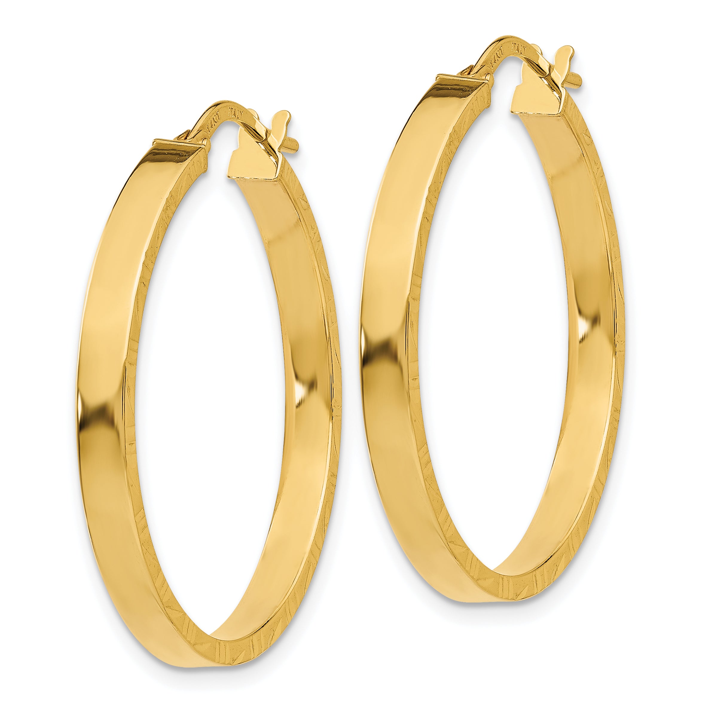 10K Yellow Gold Diamond Cut Edge Large 3mm Polished Hoop Earrings