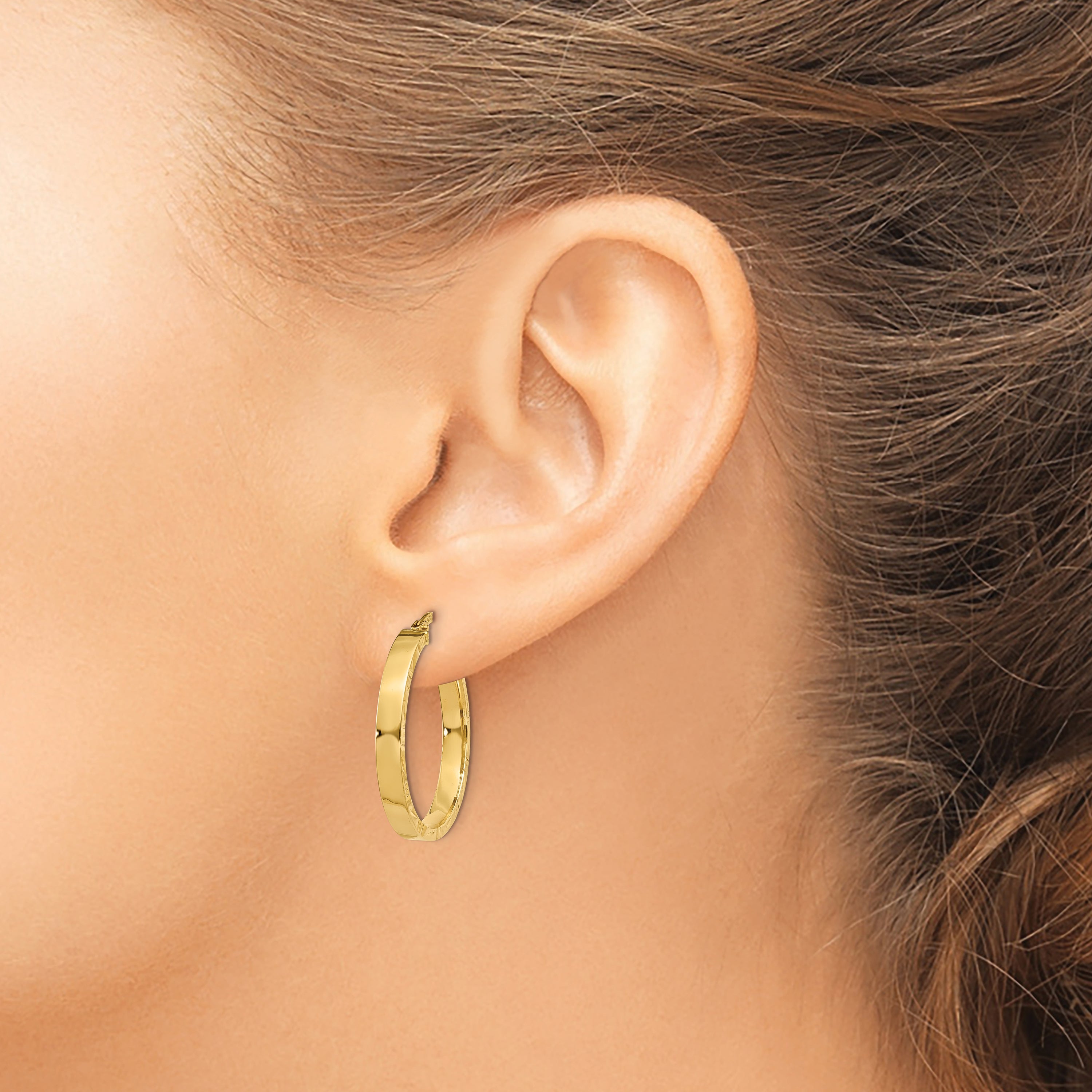 10K Yellow Gold Diamond Cut Edge Medium 3mm Polished Hoop Earrings