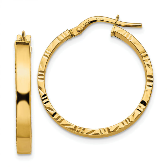 10K Yellow Gold Diamond Cut Edge Medium 3mm Polished Hoop Earrings