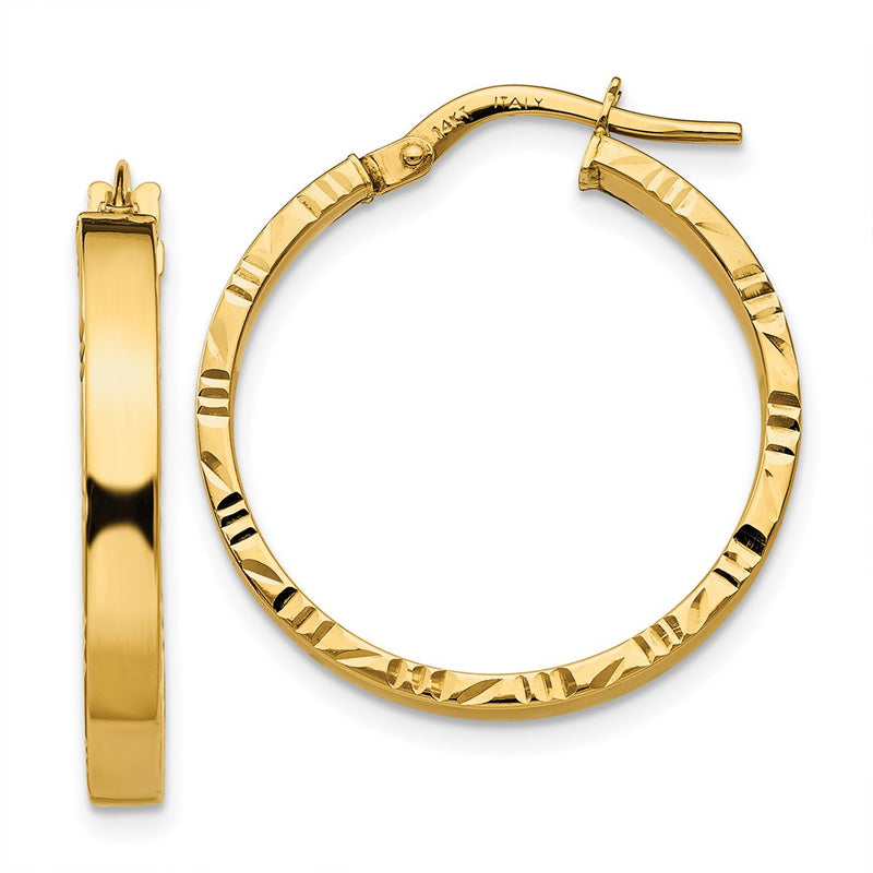 10K Yellow Gold Diamond Cut Edge Medium 3mm Polished Hoop Earrings