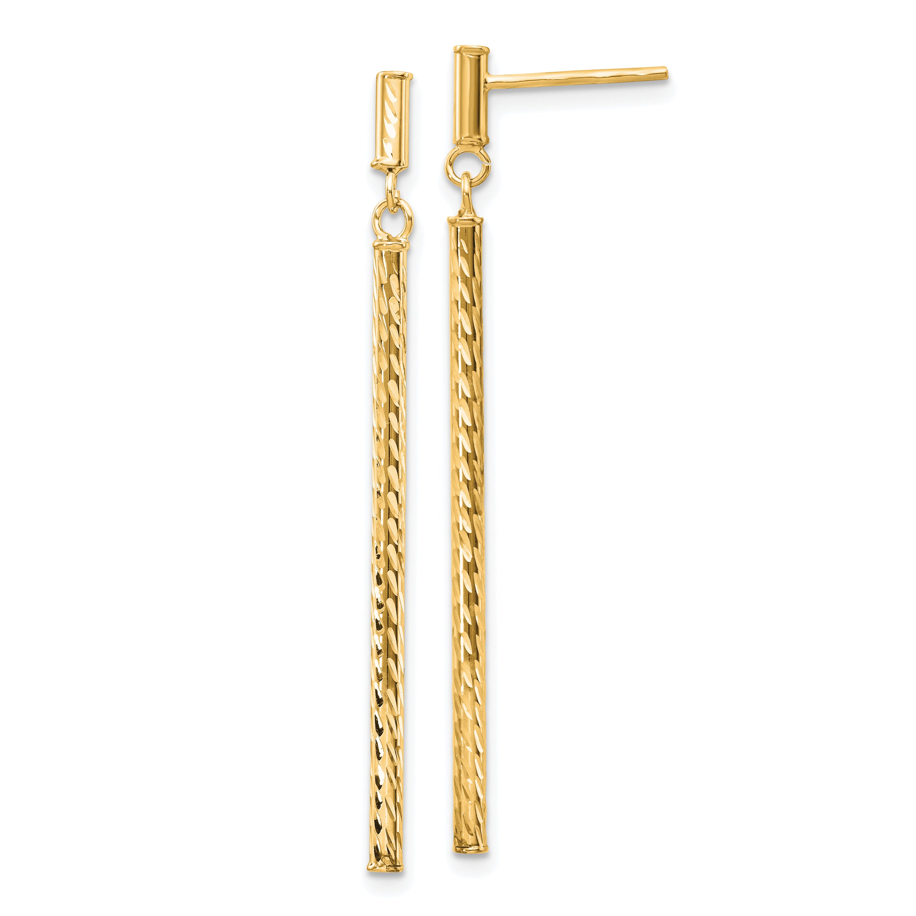 10K Yellow Gold Polished And Diamond-Cut Bar Dangle Post Earrings