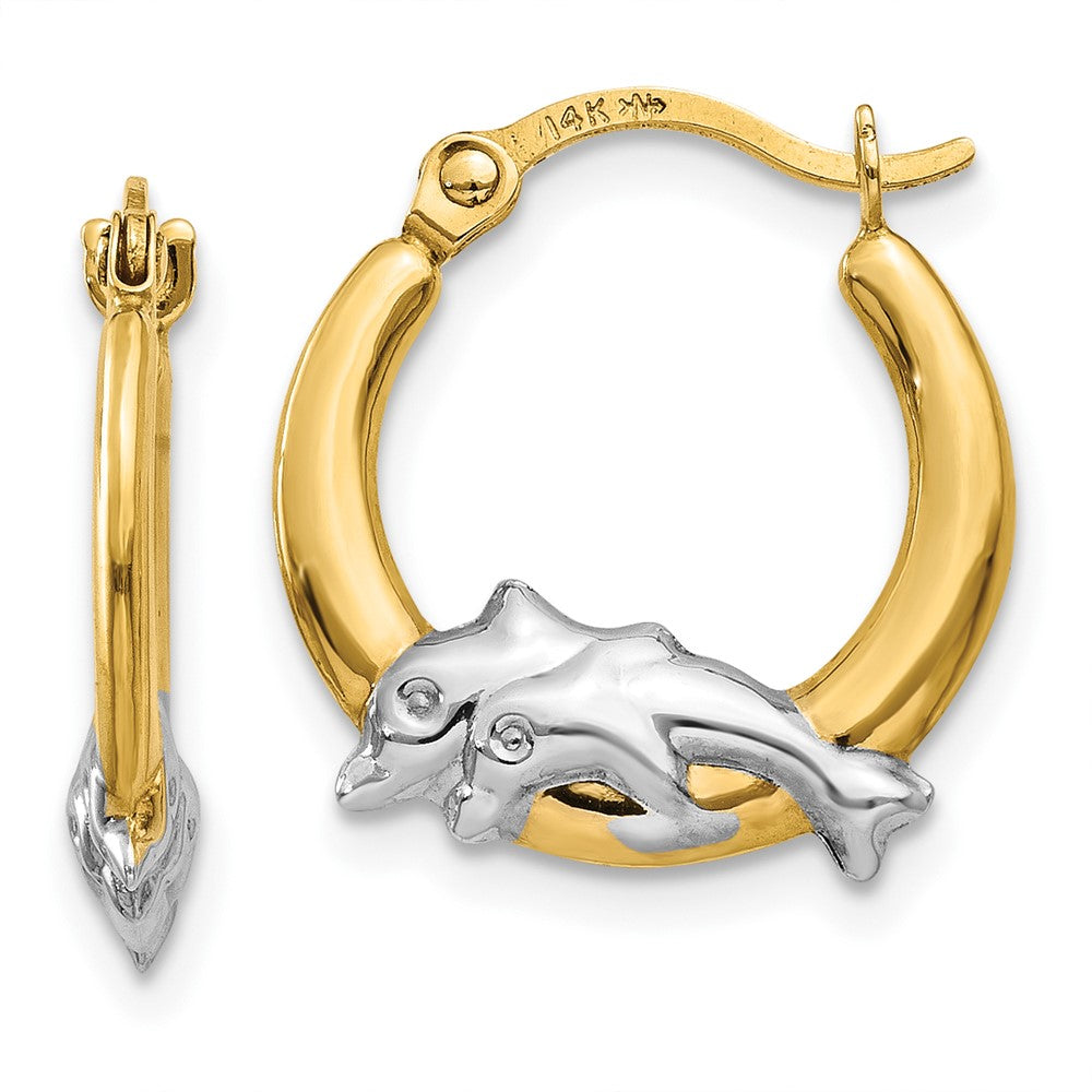 10K Yellow W/Rhodium 10K & Rhodium Dolphin Hoop Earrings