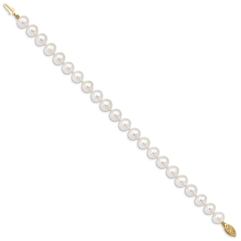 10K Yellow Gold 8-9mm White Near Round Freshwater Cultured Pearl 7.5 Inch Bracelet