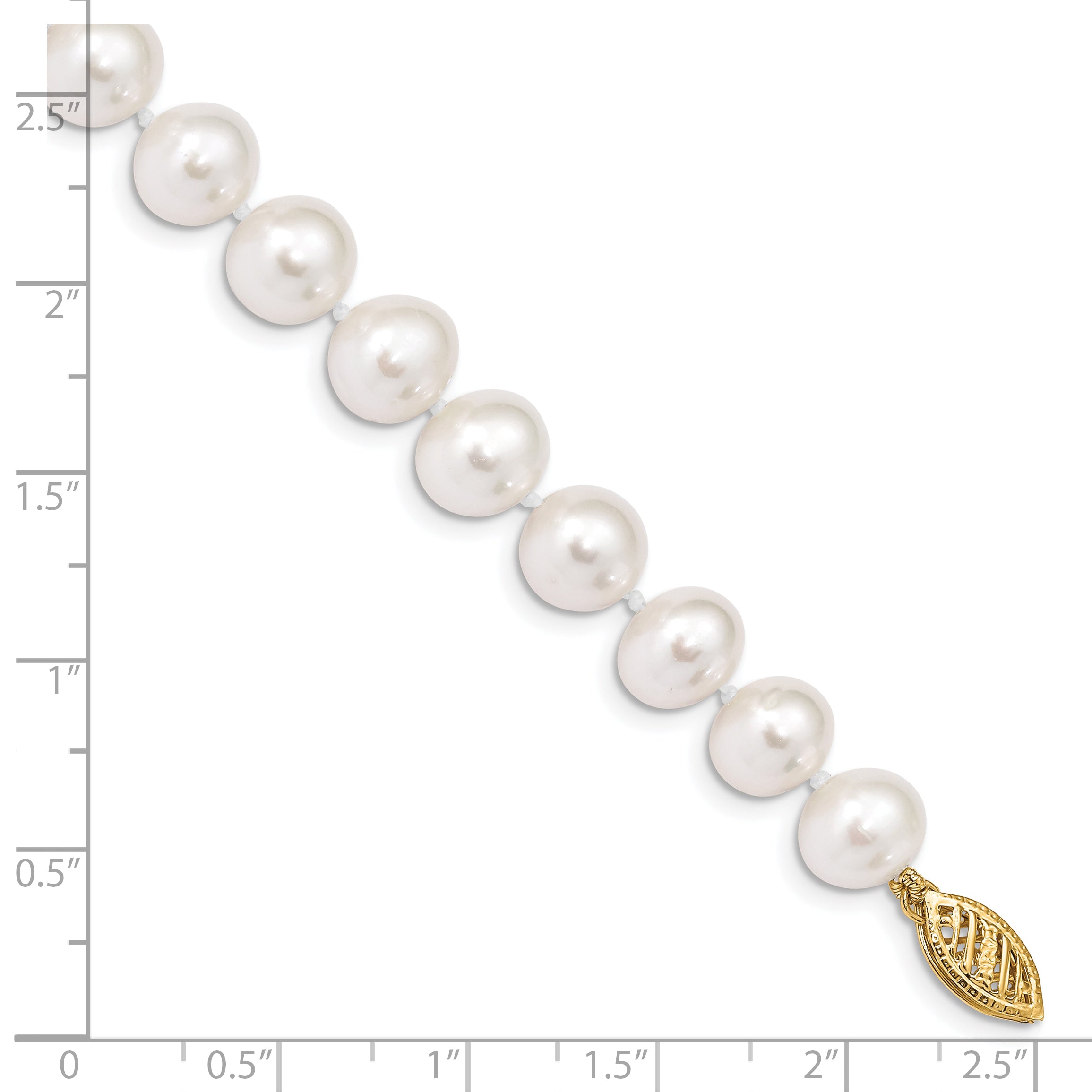10K Yellow Gold 8-9mm White Near Round Freshwater Cultured Pearl 7.5 Inch Bracelet