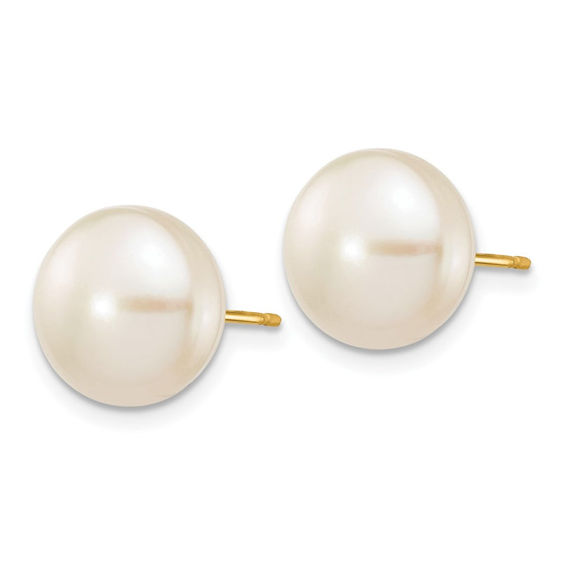 10K Yellow Gold 10-11mm White Button Freshwater Cultured Pearl Stud Post Earrings
