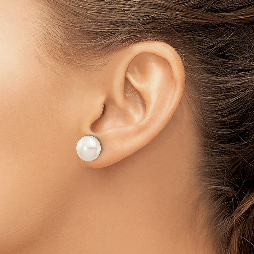10K Yellow Gold 10-11mm White Button Freshwater Cultured Pearl Stud Post Earrings