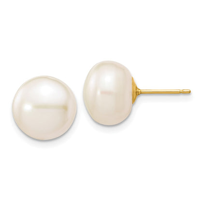 10K Yellow Gold 10-11mm White Button Freshwater Cultured Pearl Stud Post Earrings