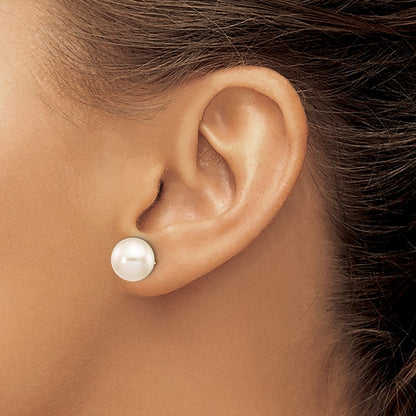 10K Yellow Gold 10-11mm White Round Freshwater Cultured Pearl Stud Post Earrings