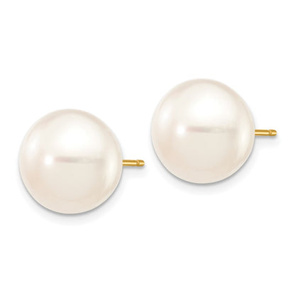 10K Yellow Gold 11-12mm White Button Freshwater Cultured Pearl Stud Post Earrings
