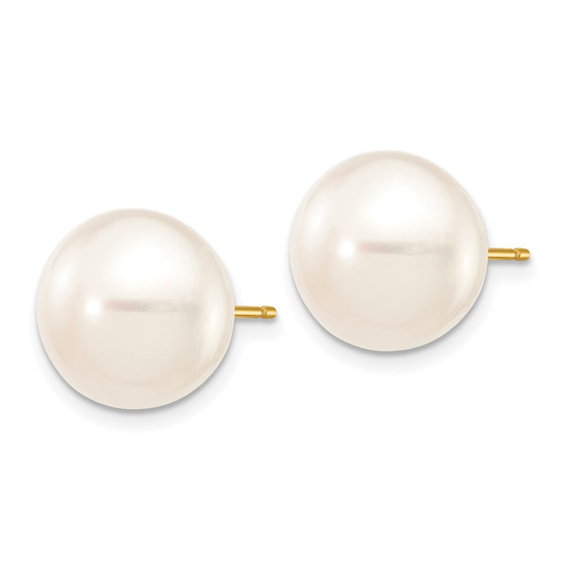 10K Yellow Gold 11-12mm White Button Freshwater Cultured Pearl Stud Post Earrings