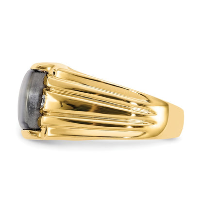 10K Yellow Gold Gray Cats Eye & .01ct Real Diamond Mens Ring