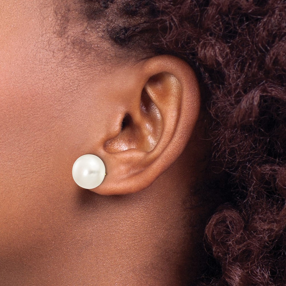 10K Yellow Gold 12-13mm White Button Freshwater Cultured Pearl Stud Post Earrings