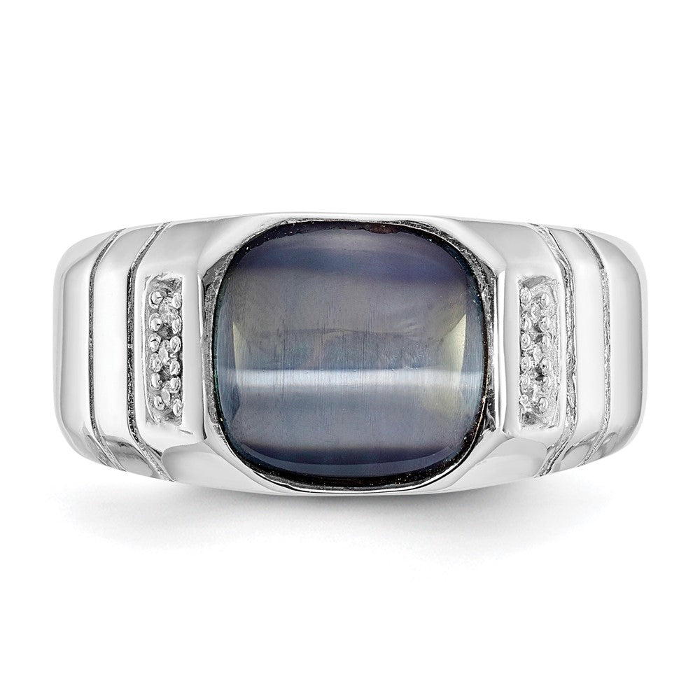 14K White Gold Real Diamond and Grey Cat's Eye Ring