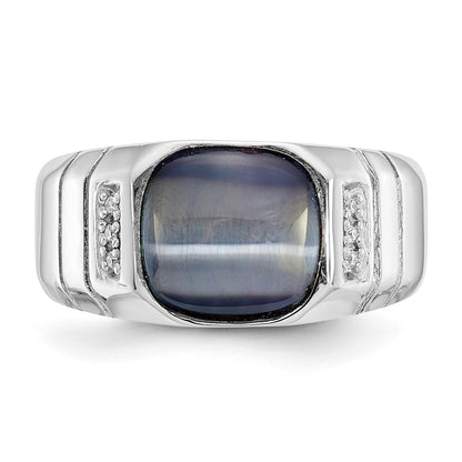 14K White Gold Real Diamond and Grey Cat's Eye Ring