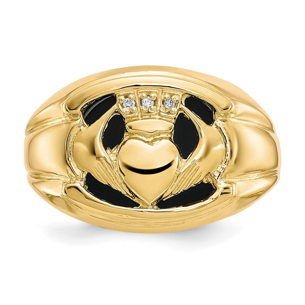 14K Yellow Gold Men's Diamond and Black Onyx Claddagh Ring