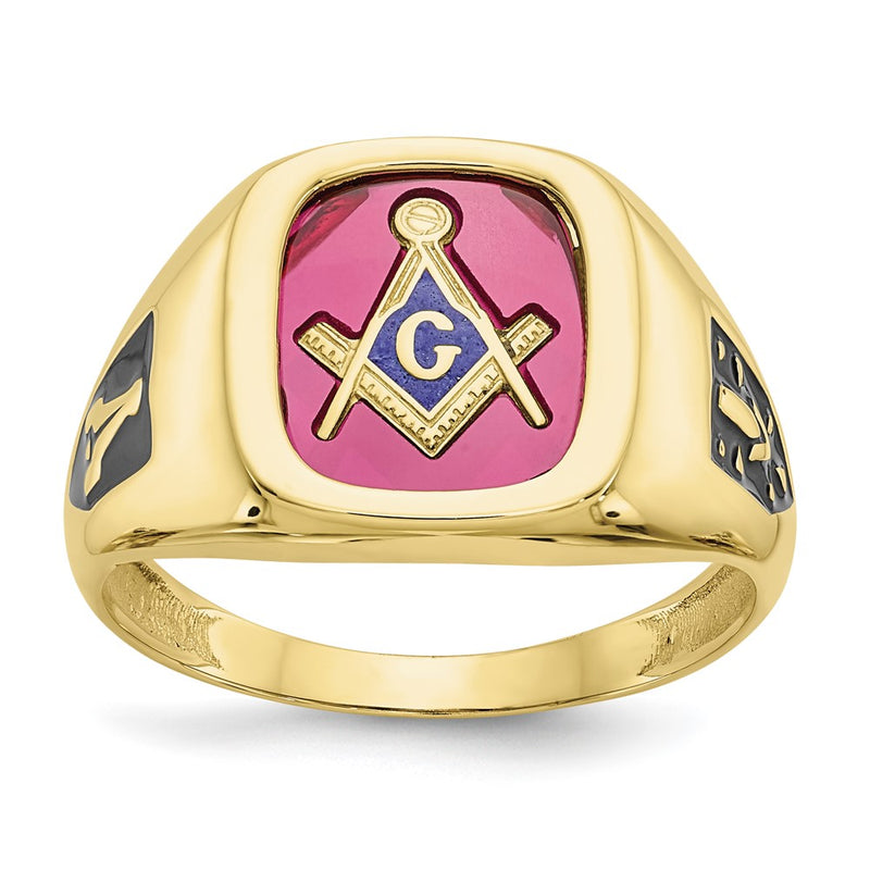 10k Yellow Gold Men's Polished and Textured with Black Enamel and Lab Created Ruby Masonic Ring