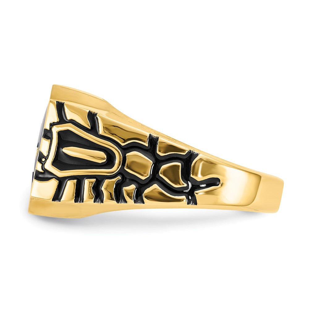 10k Yellow Gold Men's Polished, Antiqued and Grooved with Imitation Blue Spinel Masonic Ring