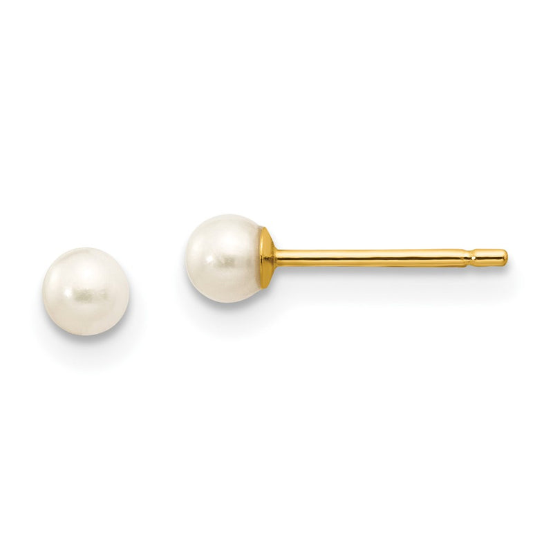 10K Yellow Gold 3-4mm White Round Freshwater Cultured Pearl Stud Post Earrings
