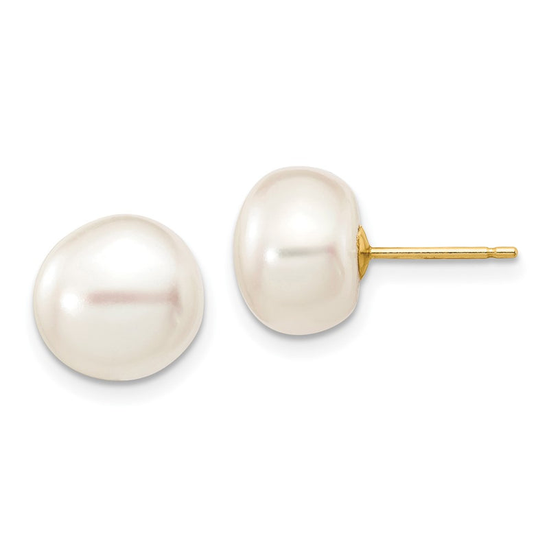 10K Yellow Gold 9-10mm White Button Freshwater Cultured Pearl Stud Post Earrings