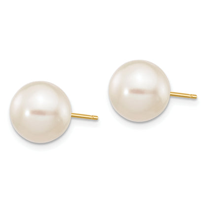 10K Yellow Gold 9-10mm White Round Freshwater Cultured Pearl Stud Post Earrings