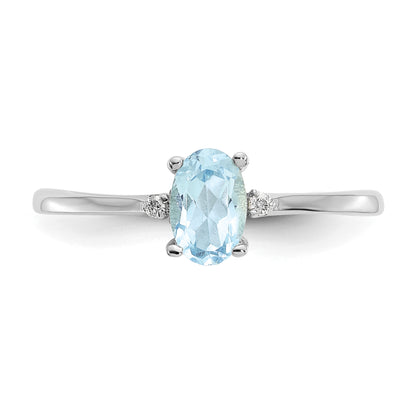 10K White Gold Polished Genuine Diamond And Aquamarine Birthstone Ring