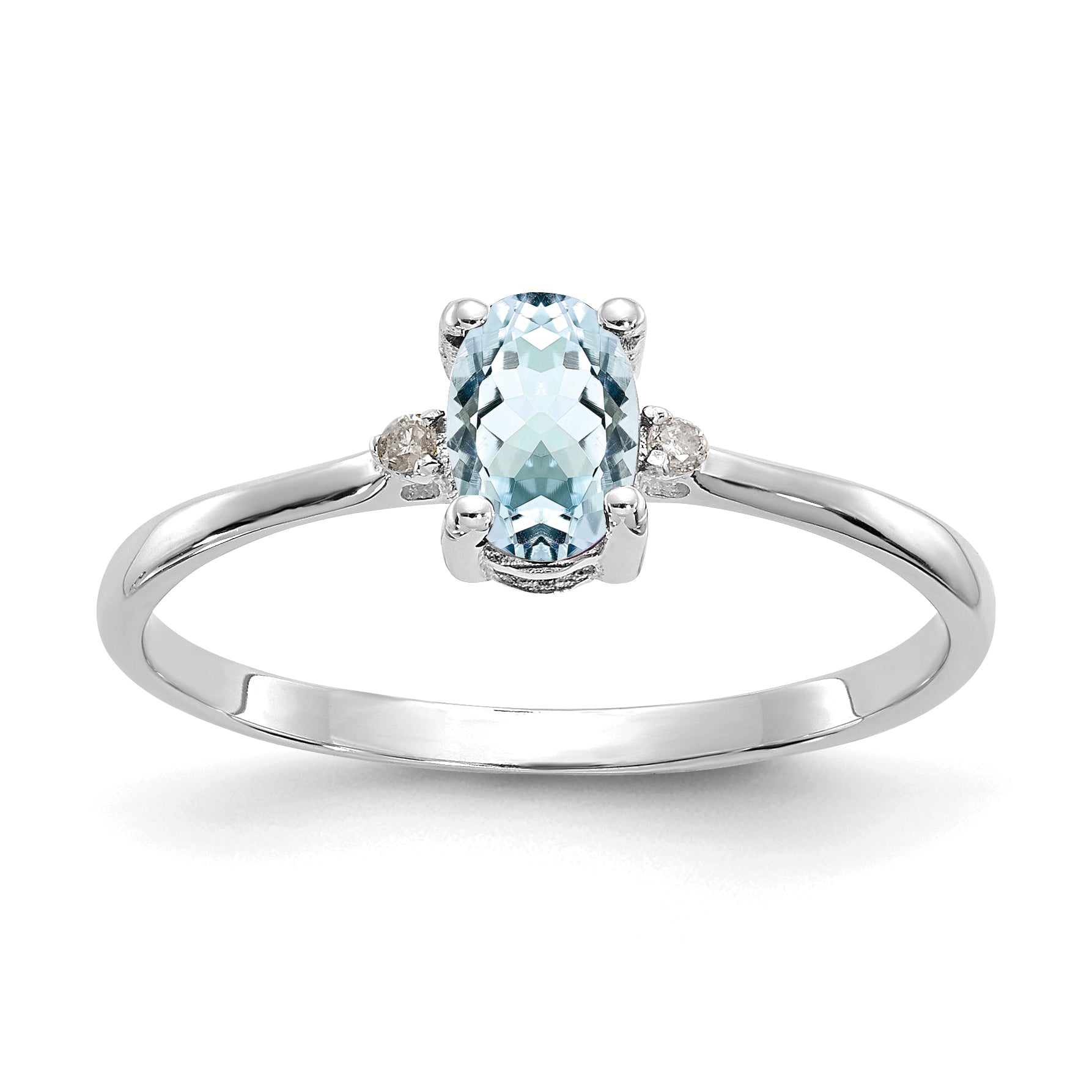 10K White Gold Polished Genuine Diamond And Aquamarine Birthstone Ring