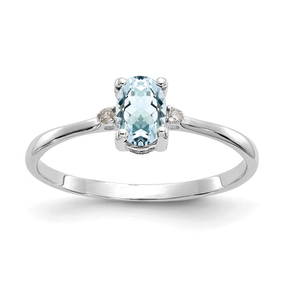10K White Gold Polished Genuine Diamond And Aquamarine Birthstone Ring