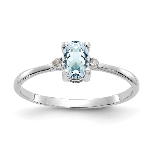 10K White Gold Polished Genuine Diamond And Aquamarine Birthstone Ring