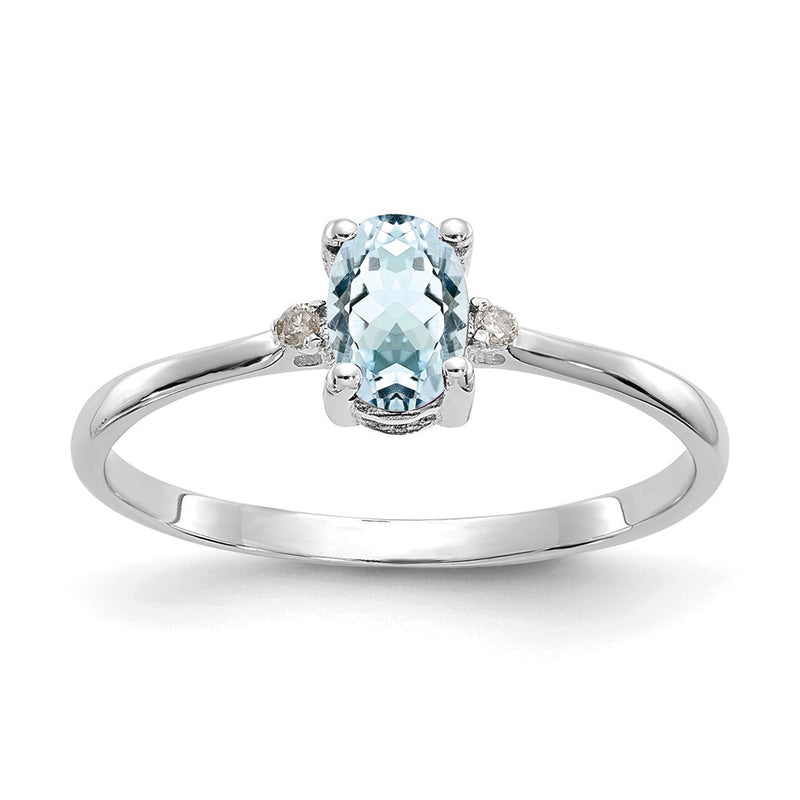 10K White Gold Polished Genuine Diamond And Aquamarine Birthstone Ring