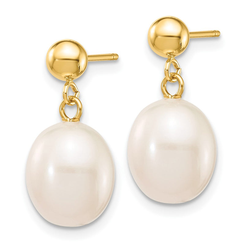 10K Yellow Gold 8-9mm White Rice Freshwater Cultured Pearl Dangle Post Earrings