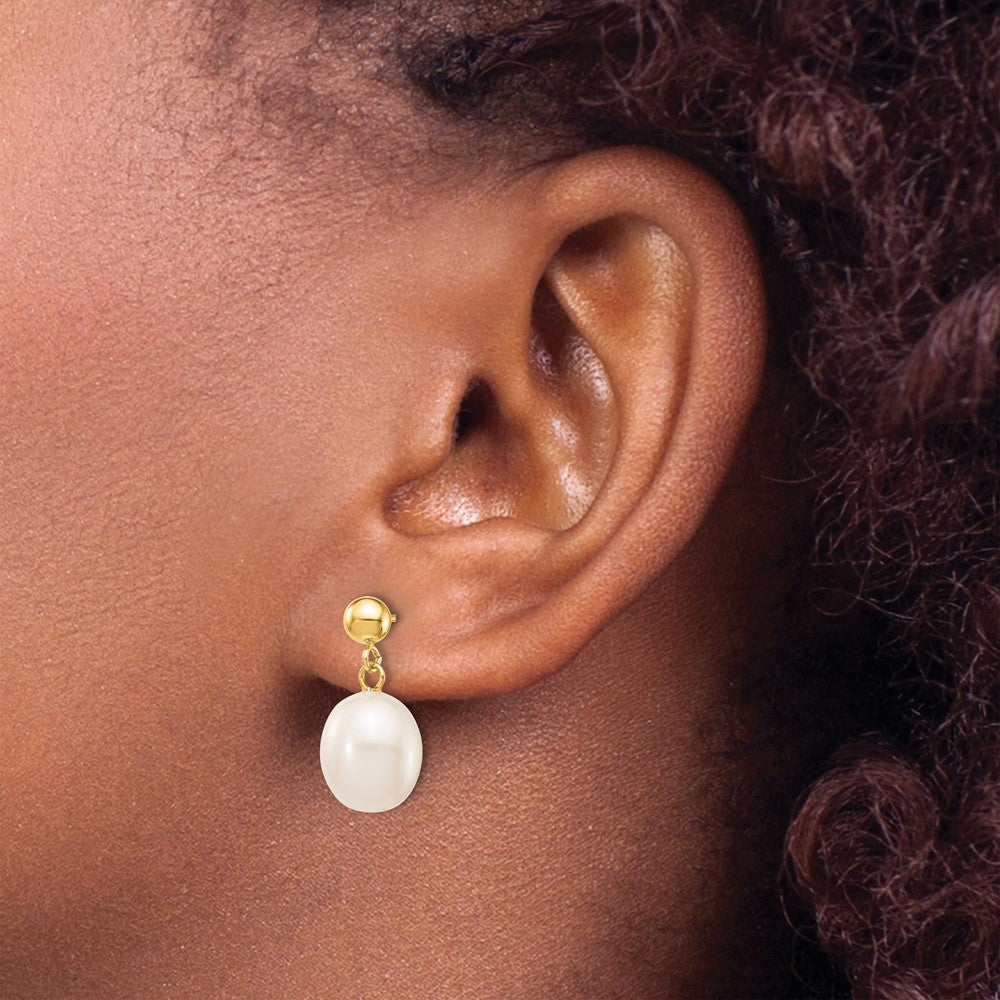 10K Yellow Gold 8-9mm White Rice Freshwater Cultured Pearl Dangle Post Earrings