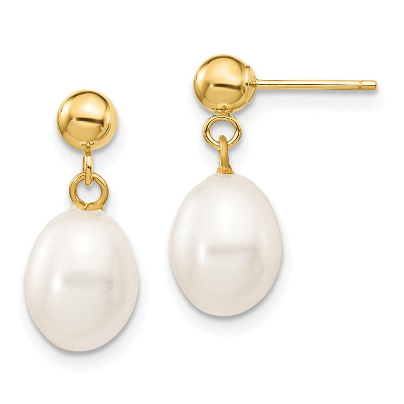 10K Yellow Gold 7-8mm White Rice Freshwater Cultured Pearl Dangle Post Earrings
