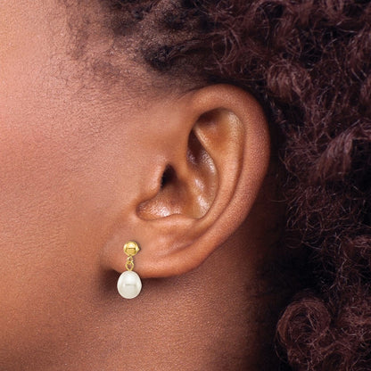 10K Yellow Gold 6-7mm White Rice Freshwater Cultured Pearl Dangle Post Earrings