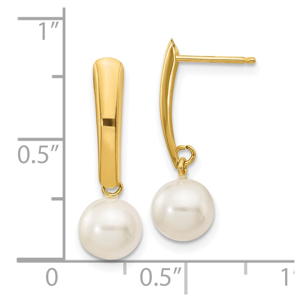 10K Yellow Gold 10K 6-7mm White Round Freshwater Cultured Pearl Post Dangle Earrings