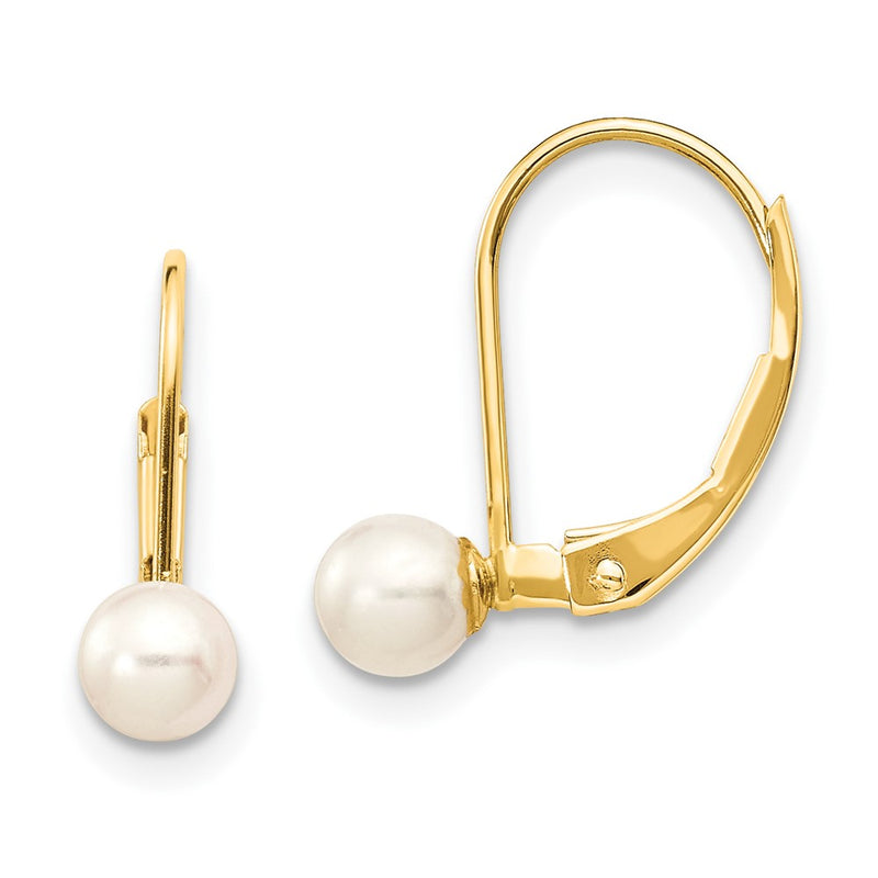 10K Yellow Gold 4-5mm White Round Freshwater Cultured Pearl Leverback Earrings