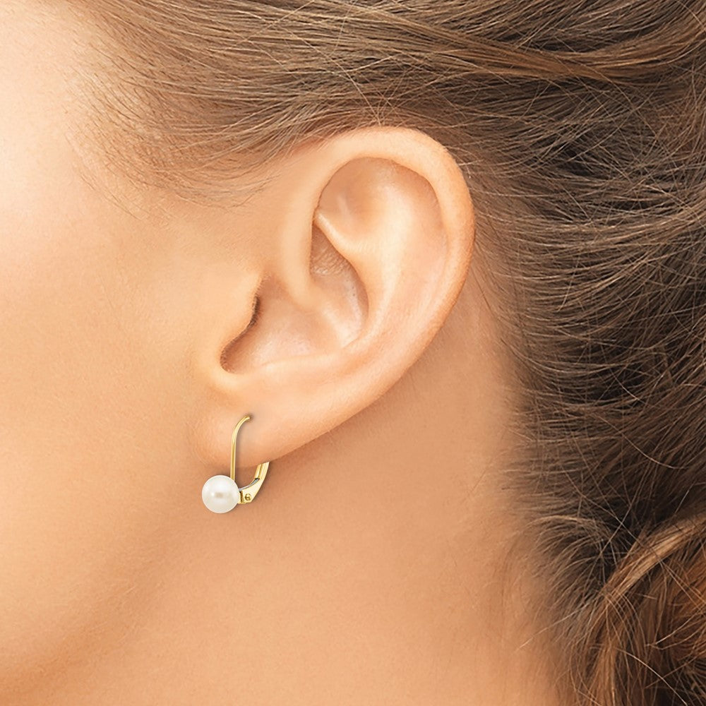 10K Yellow Gold 5-6mm White Round Freshwater Cultured Pearl Leverback Earrings
