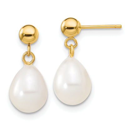 10K Yellow Gold 7-8mm White Rice Freshwater Cultured Pearl 18 Inch Necklace And Bead Post Dangle Earring Set