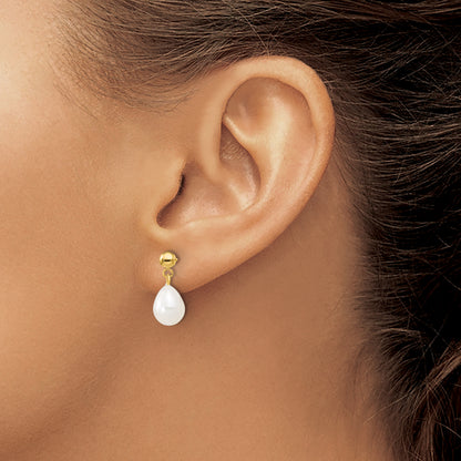 10K Yellow Gold 7-8mm White Rice Freshwater Cultured Pearl 18 Inch Necklace And Bead Post Dangle Earring Set