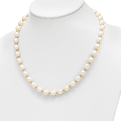 10K Yellow Gold 7-8mm White Rice Freshwater Cultured Pearl 18 Inch Necklace And Bead Post Dangle Earring Set