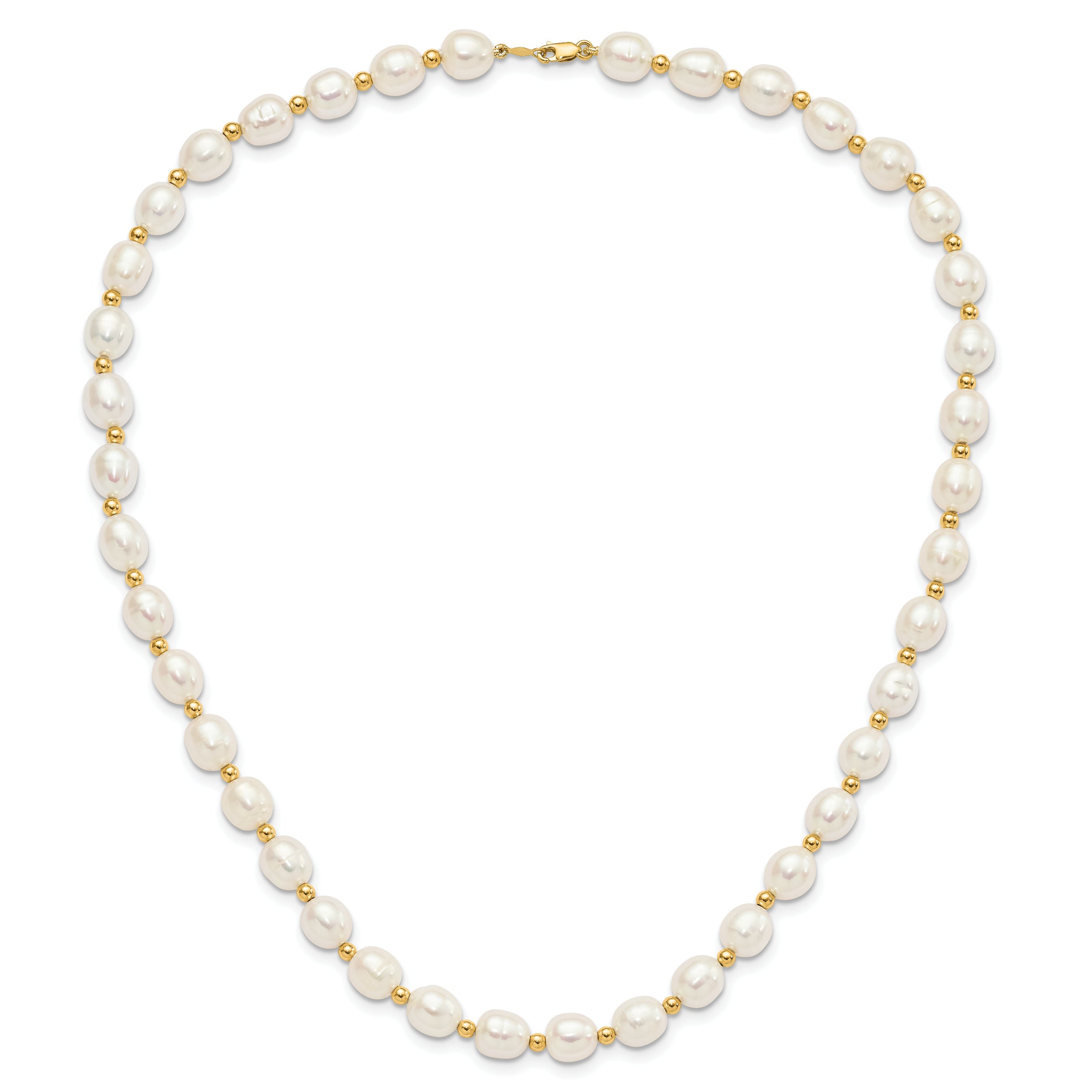 10K Yellow Gold 7-8mm White Rice Freshwater Cultured Pearl 18 Inch Necklace And Bead Post Dangle Earring Set