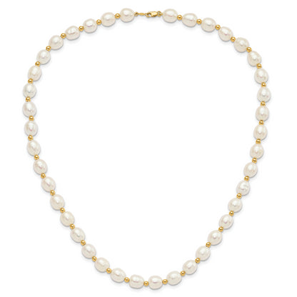 10K Yellow Gold 7-8mm White Rice Freshwater Cultured Pearl 18 Inch Necklace And Bead Post Dangle Earring Set