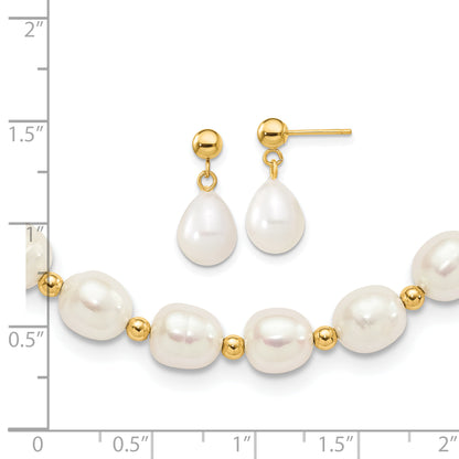 10K Yellow Gold 7-8mm White Rice Freshwater Cultured Pearl 18 Inch Necklace And Bead Post Dangle Earring Set