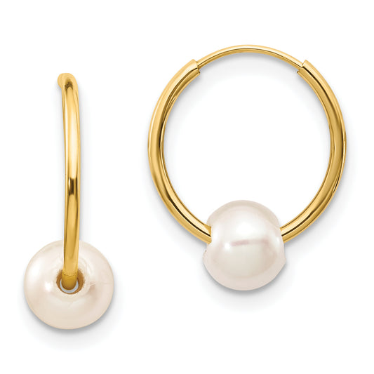 10K Yellow Gold 5-6mm White Semi-Round Freshwater Cultured Pearl Endless Hoop Earrings