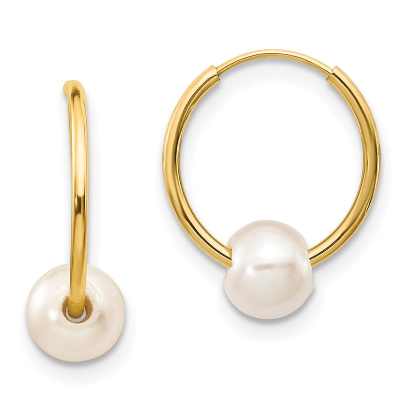10K Yellow Gold 5-6mm White Semi-Round Freshwater Cultured Pearl Endless Hoop Earrings