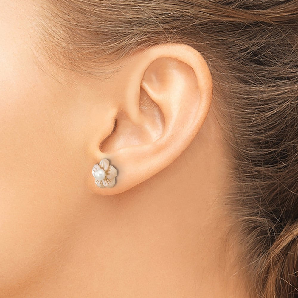 10K Yellow Gold 10K 3-4mm White Round Freshwater Cultured Pearl And Pink Mother Of Flower Post Earrings