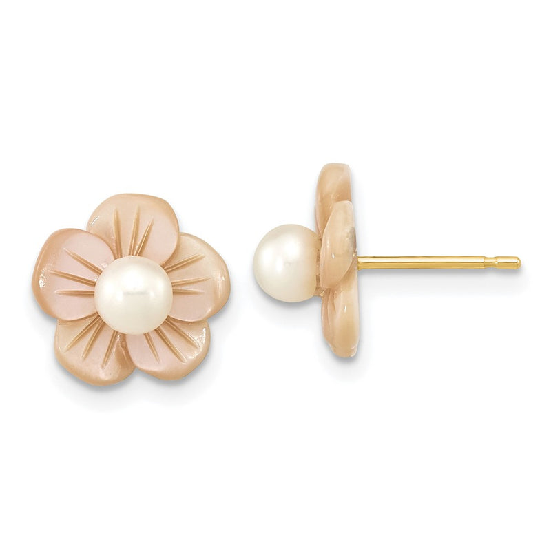 10K Yellow Gold 10K 3-4mm White Round Freshwater Cultured Pearl And Pink Mother Of Flower Post Earrings