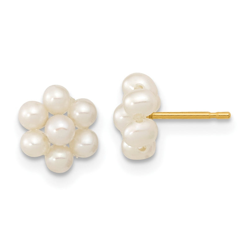 10K Yellow Gold 2-3mm White Button Freshwater Cultured Pearl Flower Post Earrings