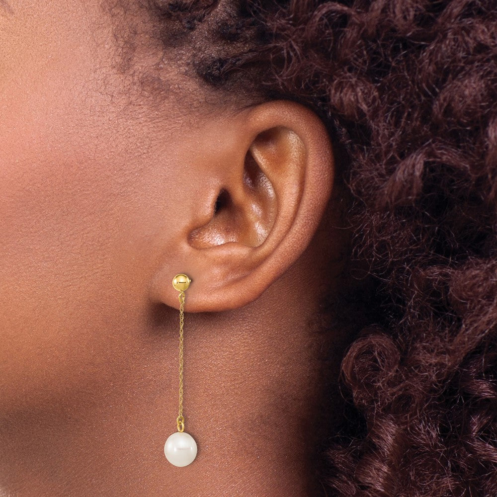 10K Yellow Gold 7-8mm White Round Freshwater Cultured Pearl Dangle Post Earrings