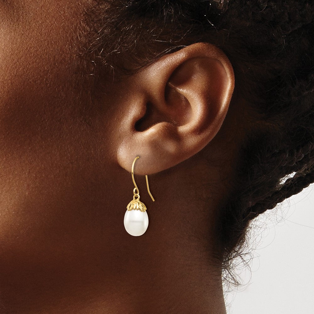 10K Yellow Gold 10K 7-8mm White Rice Freshwater Cultured Pearl Dangle Earrings