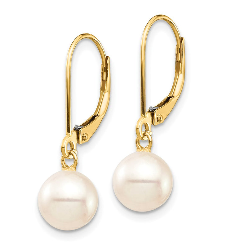 10K Yellow Gold 7-8mm White Round Freshwater Cultured Pearl Leverback Earrings